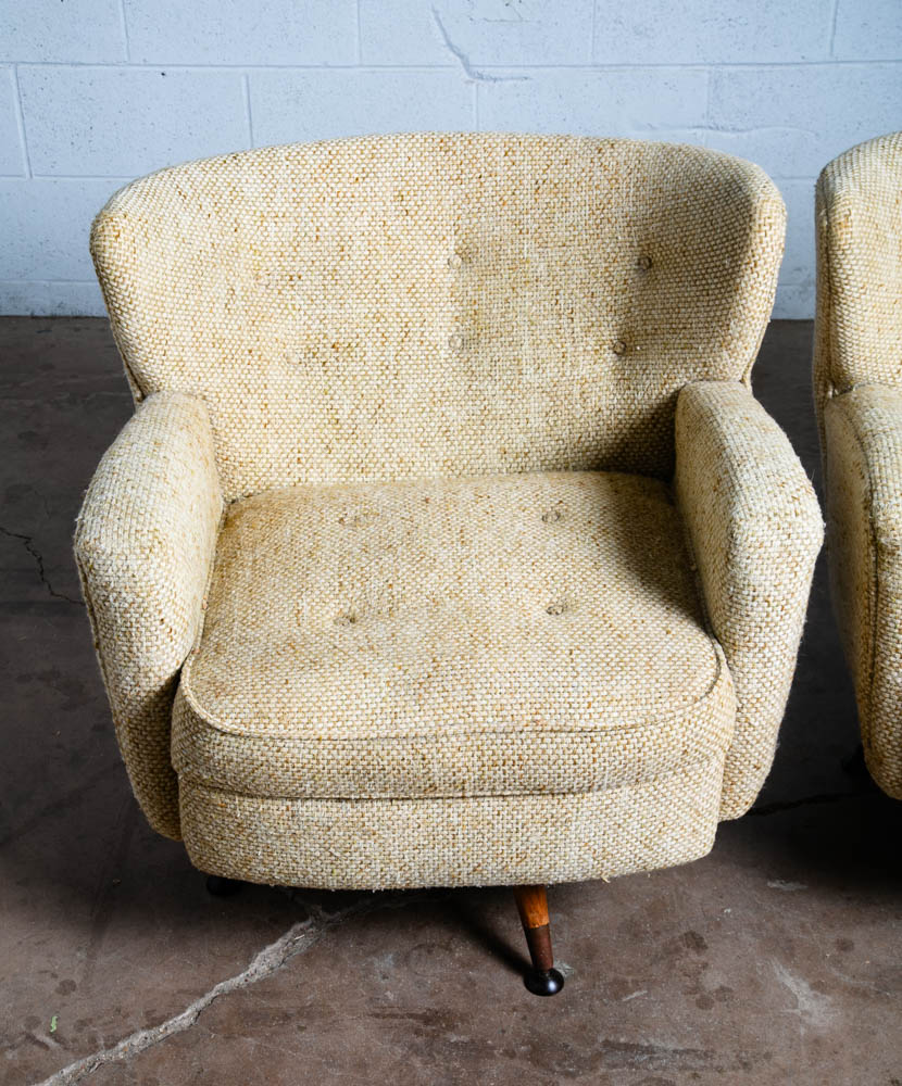 Mid Century Modern Lounge Chair Set Swivel White Nubby Pair 2 Danish Vintage Two - Image 11