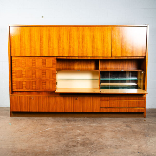 Mid Century Modern Credenza Bar Shrunk Teak Wall Unit Liquor Cabinet German Mcm Wall Unit Sliding Door - Image 3