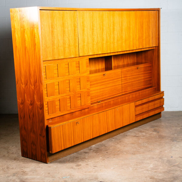 Mid Century Modern Credenza Bar Shrunk Teak Wall Unit Liquor Cabinet German Mcm Wall Unit Sliding Door - Image 2