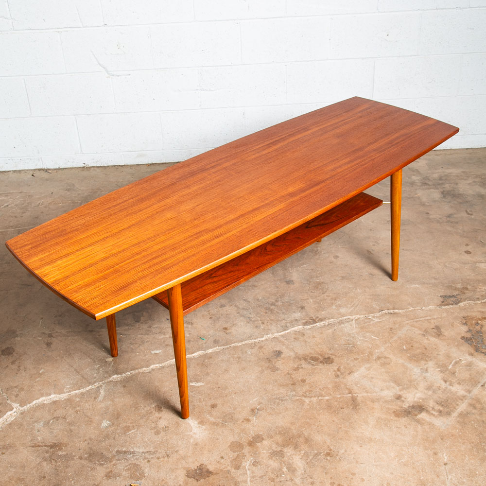 Mid Century Danish Modern Coffee Table Solid Teak Denmark Surfboard Shelf Mcm M