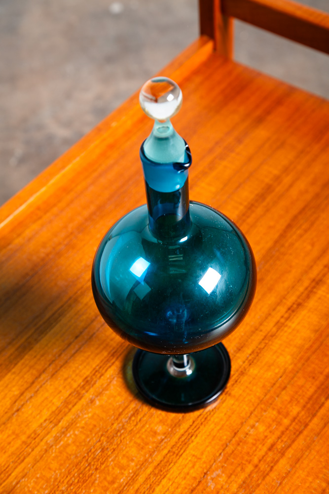Mid Century Modern Art Glass Vase Blue Nanny Still Round Finnish Liquer Pitcher - Image 5