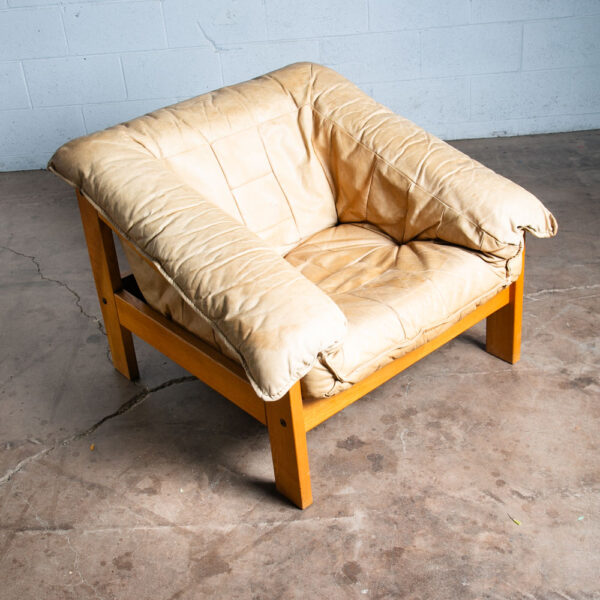 Mid Century Danish Modern Lounge Chair Armchair Natural Leather Tan Solid Wood - Image 3