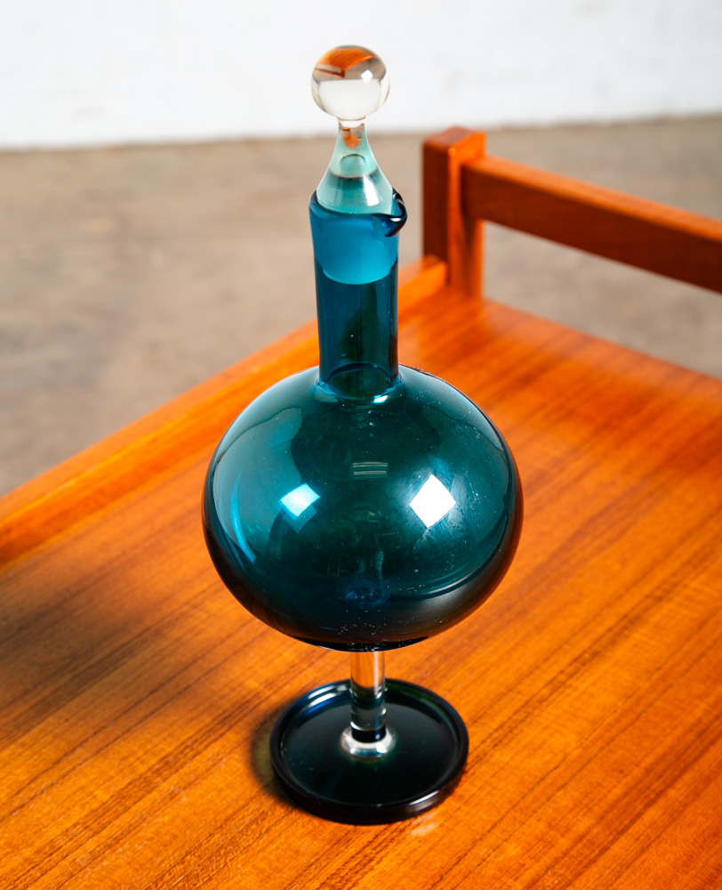 Mid Century Modern Art Glass Vase Blue Nanny Still Round Finnish Liquer Pitcher - Image 8