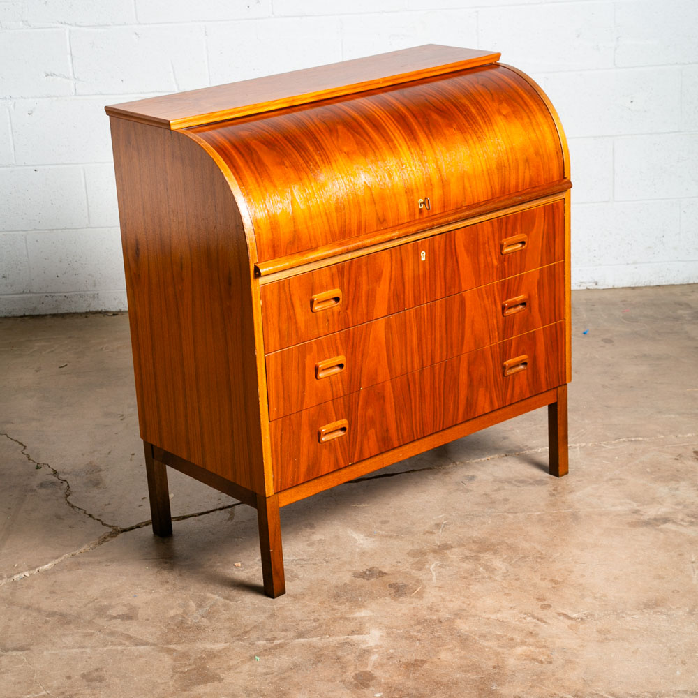 Mid Century Danish Modern Desk Rolltop Secretary Teak Wood Denmark Vintage Legs