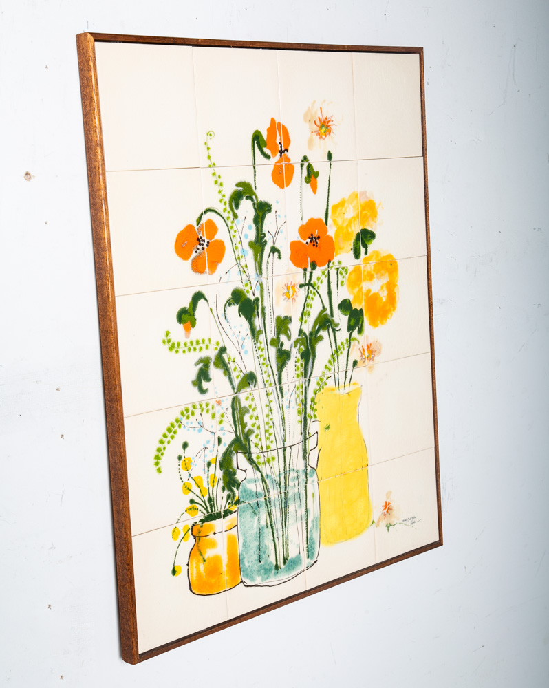 Mid Century Modern Studio Ceramic Tile Original Art Flowers 70s Barbara Beall NM - Image 2