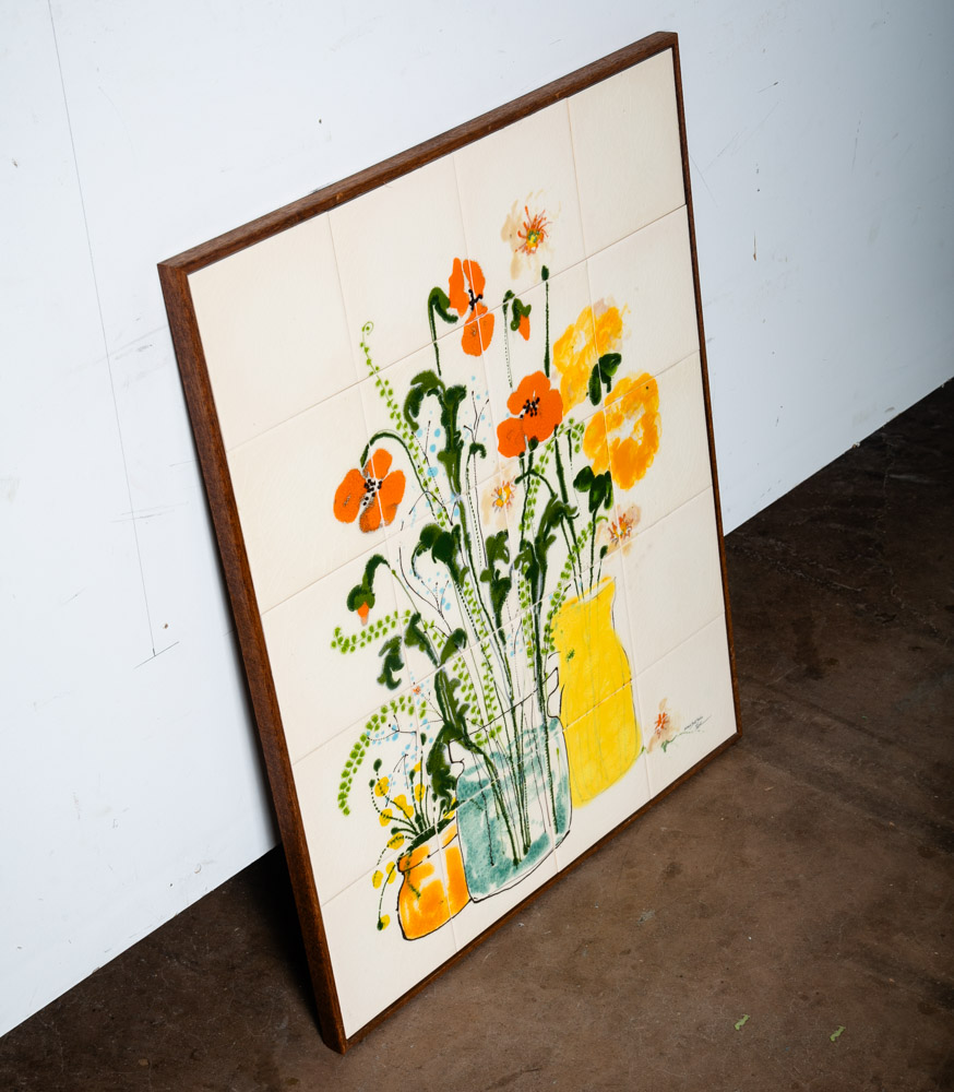 Mid Century Modern Studio Ceramic Tile Original Art Flowers 70s Barbara Beall NM - Image 3