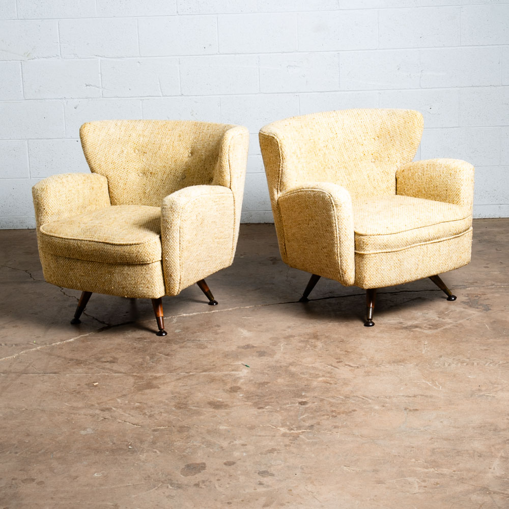 Mid Century Modern Lounge Chair Set Swivel White Nubby Pair 2 Danish Vintage Two - Image 5