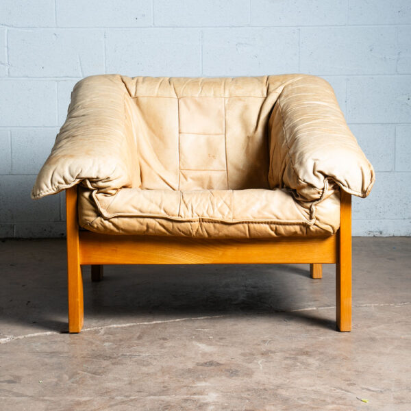 Mid Century Danish Modern Lounge Chair Armchair Natural Leather Tan Solid Wood - Image 2
