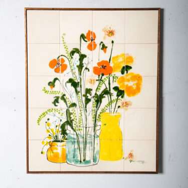 Mid Century Modern Studio Ceramic Tile Original Art Flowers 70s Barbara Beall NM