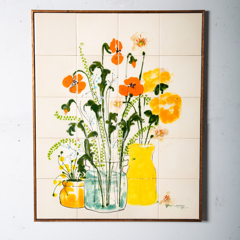 Mid Century Modern Studio Ceramic Tile Original Art Flowers 70s Barbara Beall NM