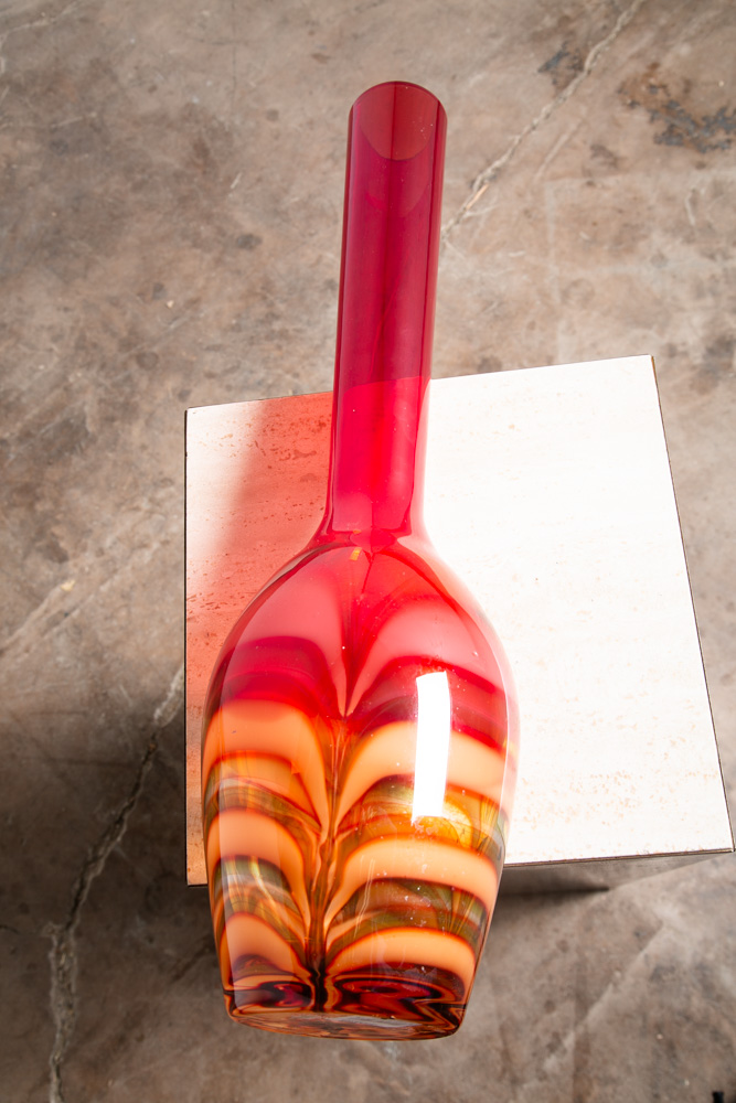 Mid Century Modern Art Glass Vase Red Amber Waterford Round Heavy Tall Evolution - Image 6