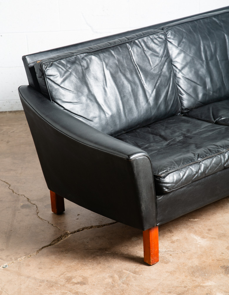 Mid Century Danish Modern Sofa Couch 2 Seat Leather Black Settee Denmark Vintage - Image 9