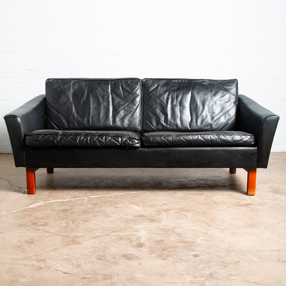 Mid Century Danish Modern Sofa Couch 2 Seat Leather Black Settee Denmark Vintage