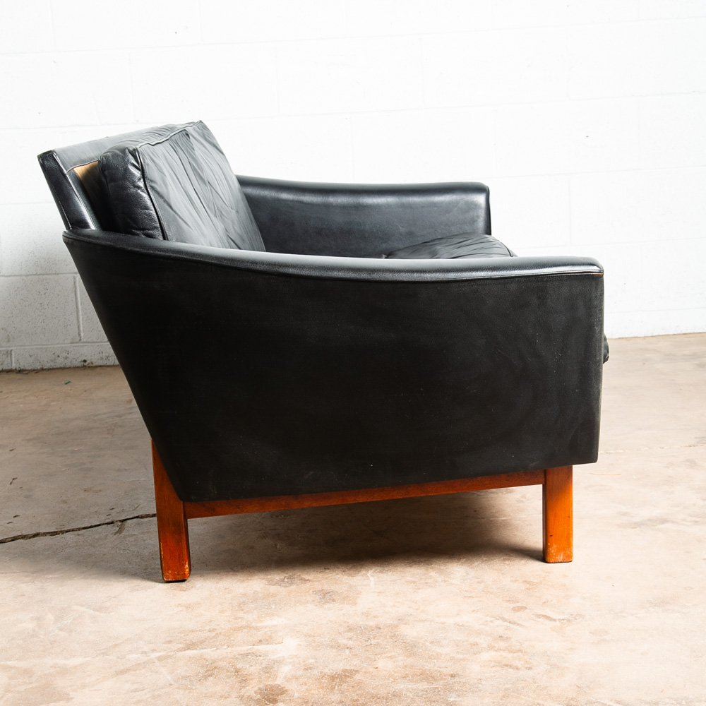 Mid Century Danish Modern Sofa Couch 2 Seat Leather Black Settee Denmark Vintage - Image 3