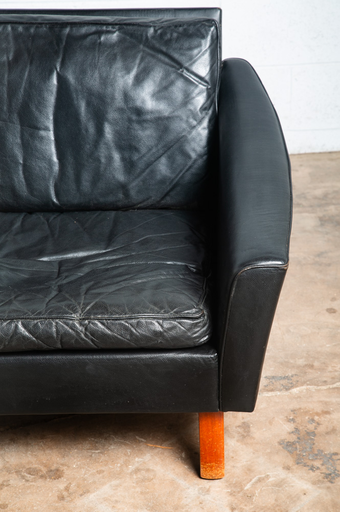 Mid Century Danish Modern Sofa Couch 2 Seat Leather Black Settee Denmark Vintage - Image 11
