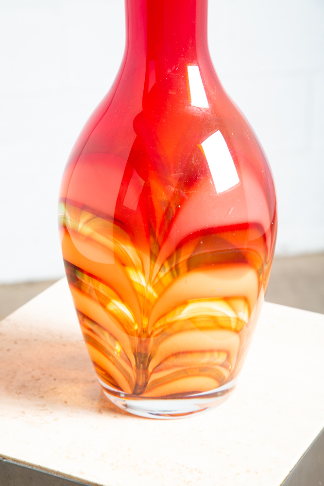 Mid Century Modern Art Glass Vase Red Amber Waterford Round Heavy Tall Evolution - Image 4