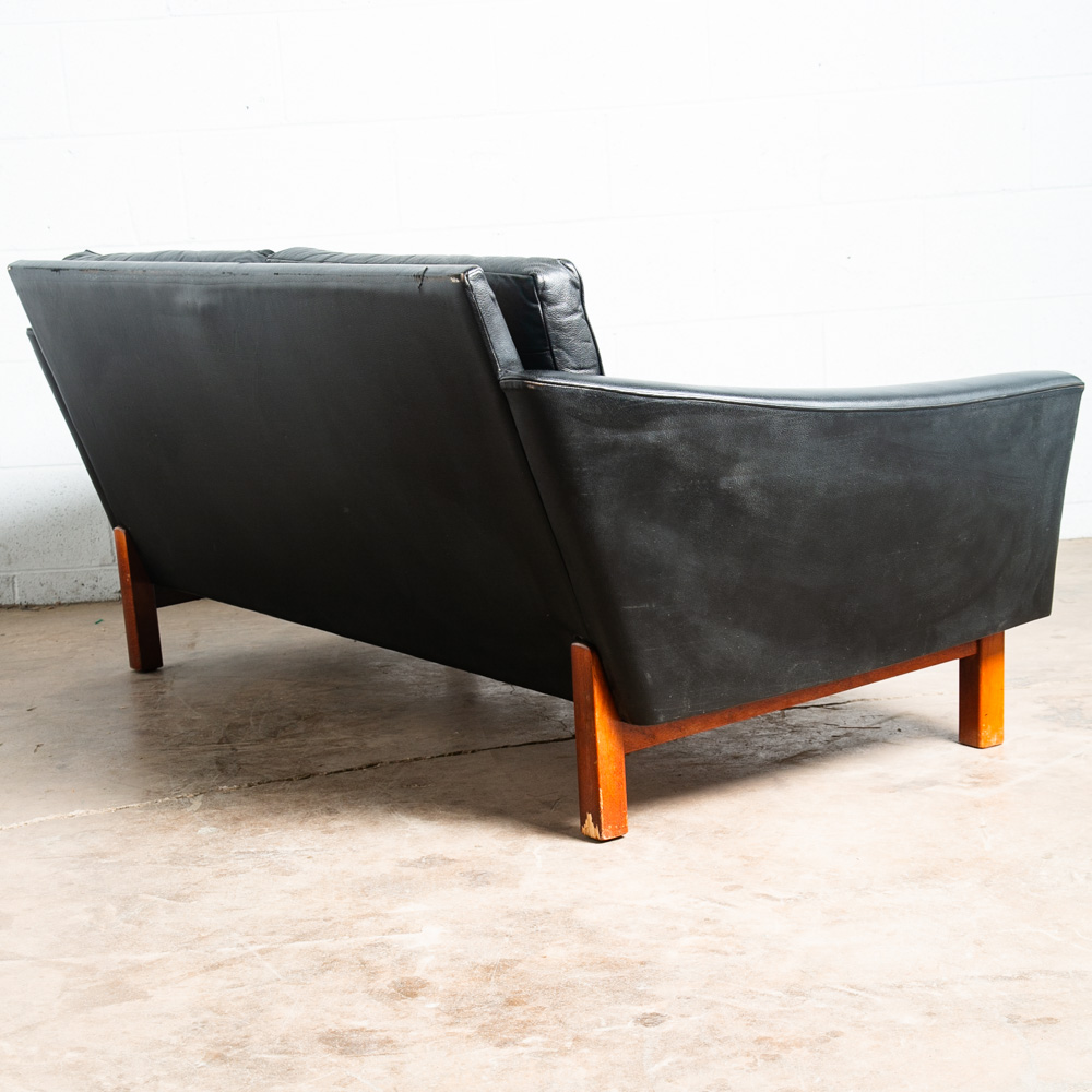 Mid Century Danish Modern Sofa Couch 2 Seat Leather Black Settee Denmark Vintage - Image 4