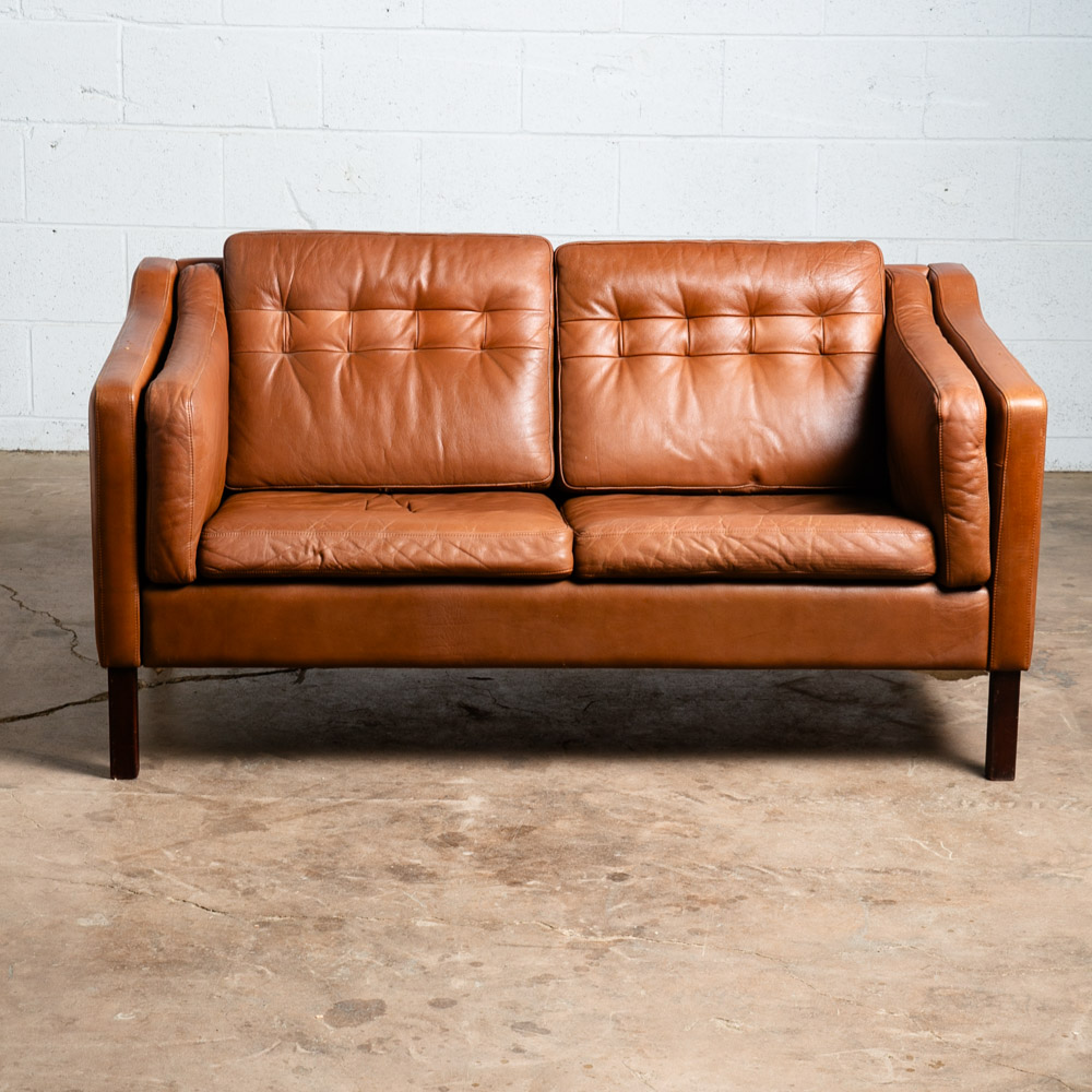 Mid Century Danish Modern Sofa Settee 2 Seater Stouby Brown Leather Denmark VG - Image 2