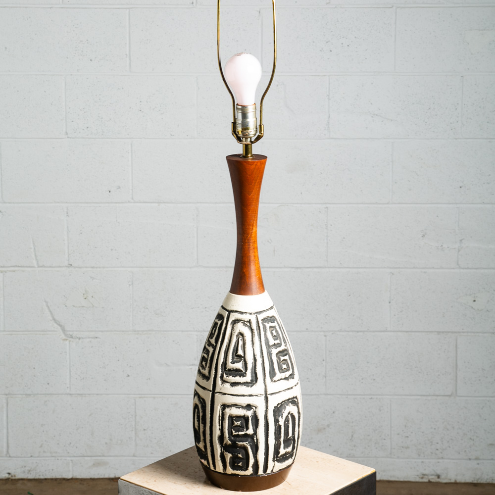 Mid Century Modern Table Lamp Abstract Ceramic Pottery White Black Round Wood - Image 2