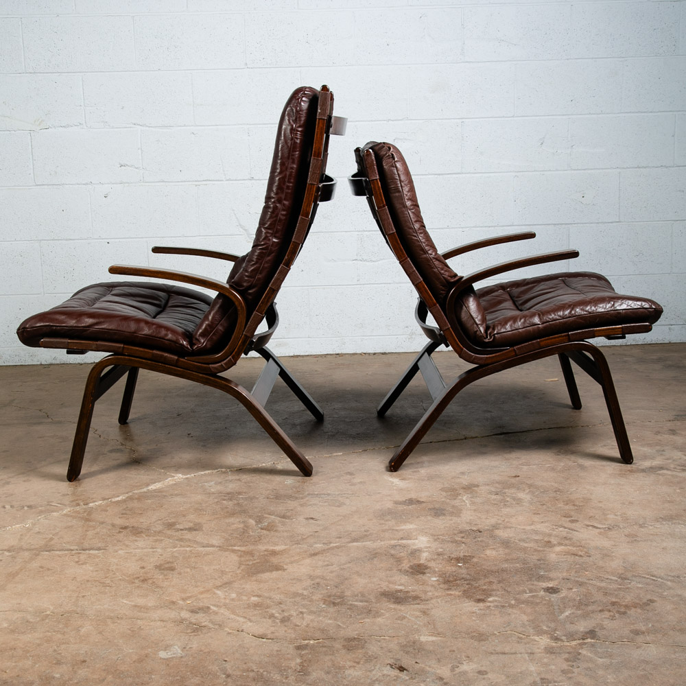 Mid Century Danish Modern Lounge Chairs Brown Leather Ingmar Relling Arms Mcm - Image 3