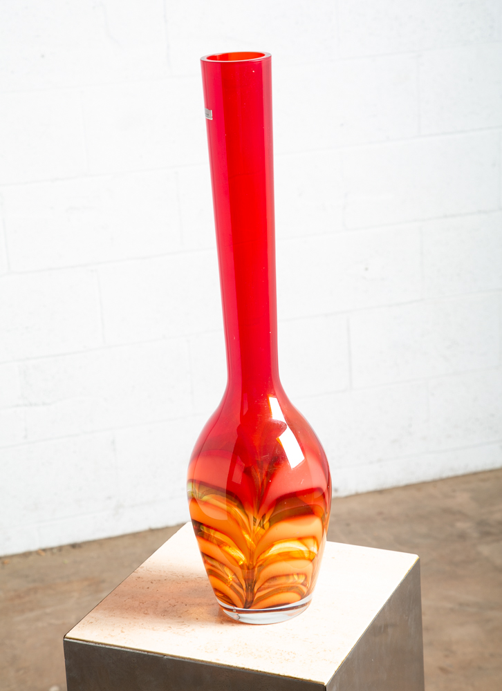 Mid Century Modern Art Glass Vase Red Amber Waterford Round Heavy Tall Evolution - Image 3