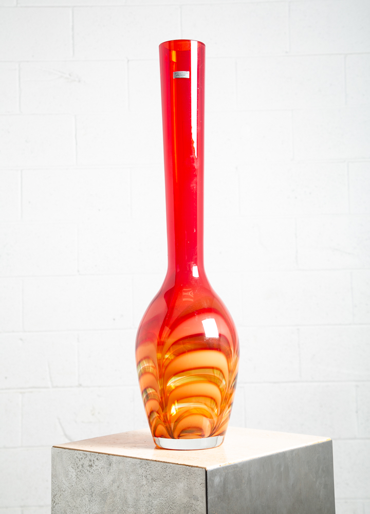 Mid Century Modern Art Glass Vase Red Amber Waterford Round Heavy Tall Evolution - Image 2