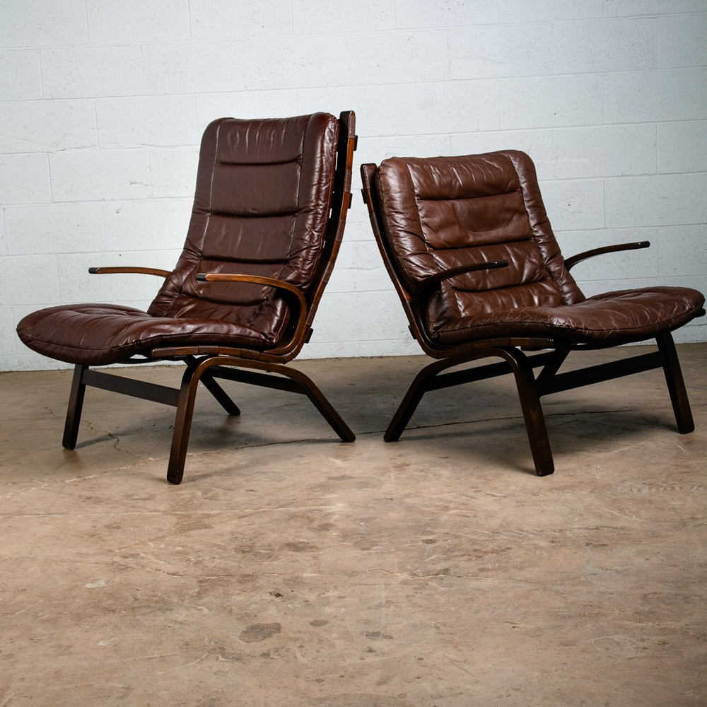 Mid Century Danish Modern Lounge Chairs Brown Leather Ingmar Relling Arms Mcm