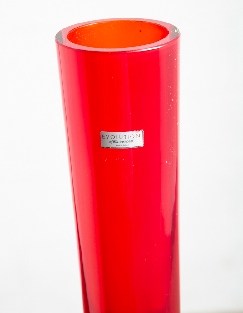 Mid Century Modern Art Glass Vase Red Amber Waterford Round Heavy Tall Evolution - Image 5