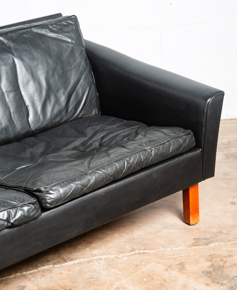 Mid Century Danish Modern Sofa Couch 2 Seat Leather Black Settee Denmark Vintage - Image 10