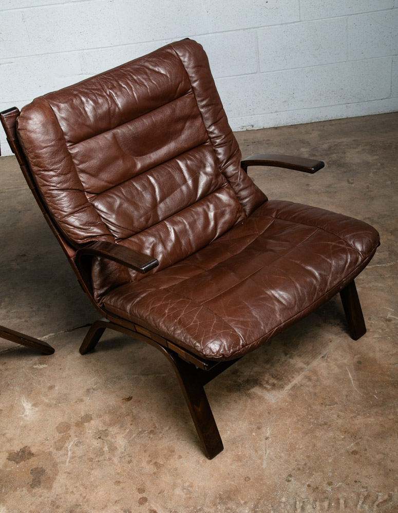 Mid Century Danish Modern Lounge Chairs Brown Leather Ingmar Relling Arms Mcm - Image 6