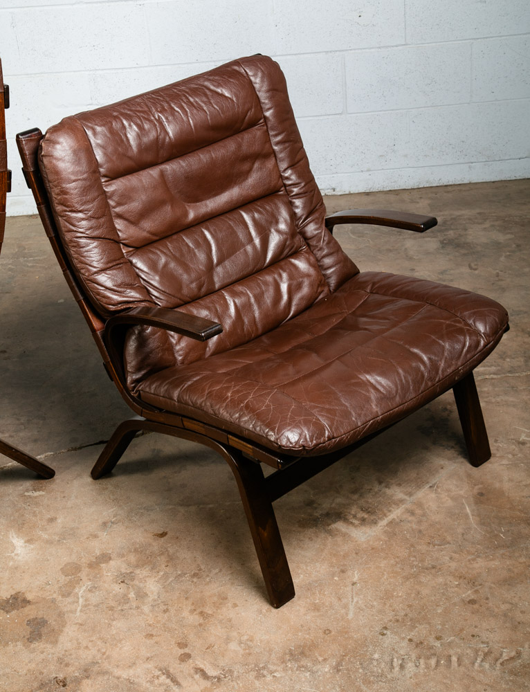 Mid Century Danish Modern Lounge Chairs Brown Leather Ingmar Relling Arms Mcm - Image 9