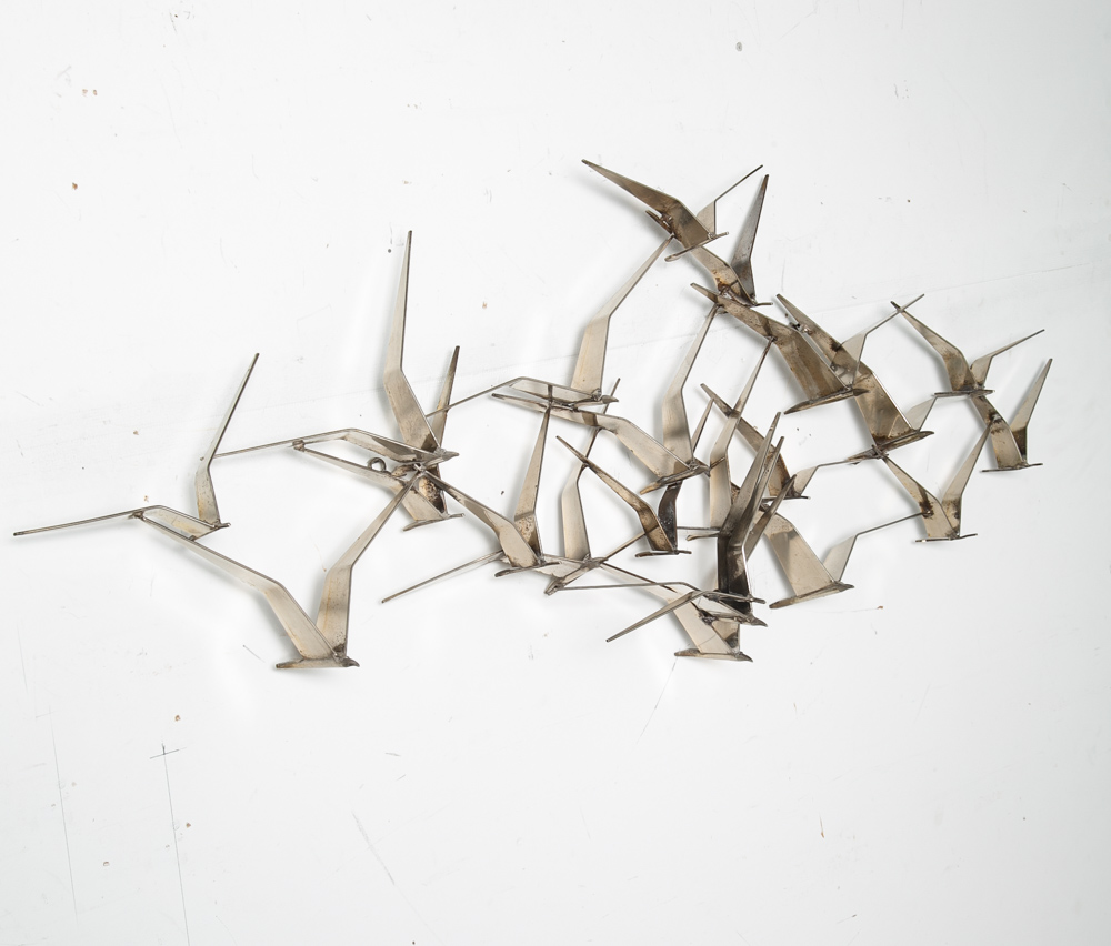Mid Century Modern Sculpture Birds in Flight Art Wall C. Jere Metal Silver Heavy - Image 2
