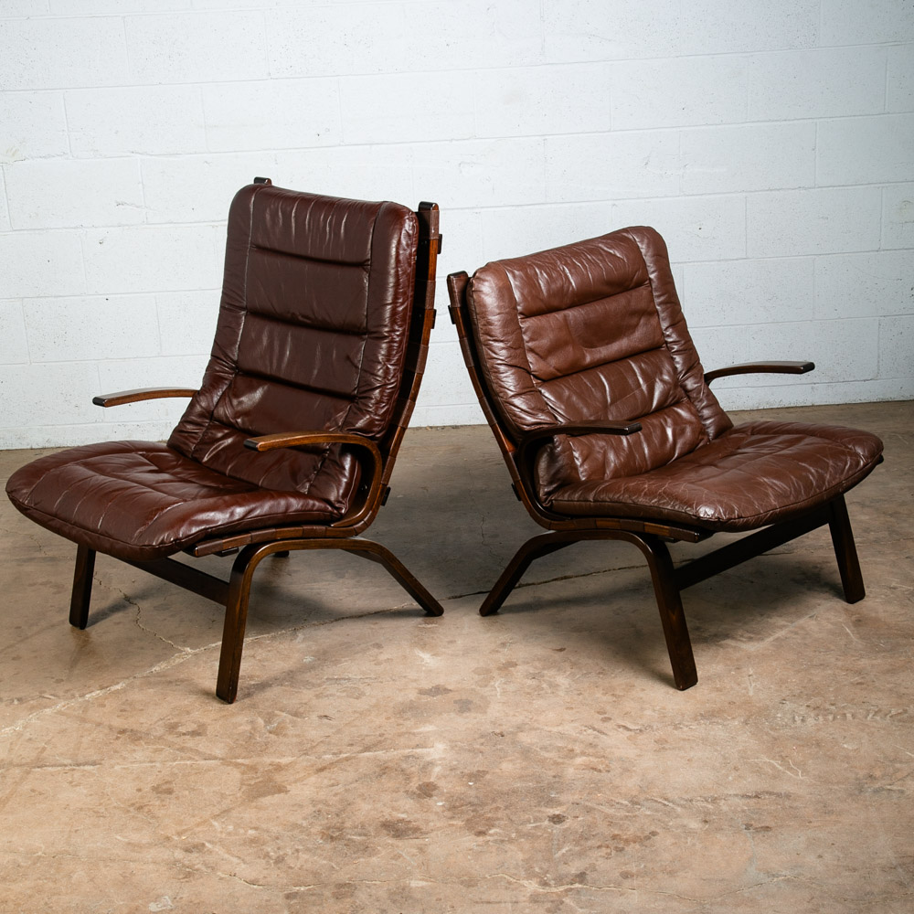 Mid Century Danish Modern Lounge Chairs Brown Leather Ingmar Relling Arms Mcm - Image 11