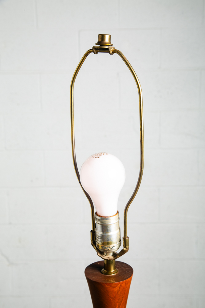 Mid Century Modern Table Lamp Abstract Ceramic Pottery White Black Round Wood - Image 9