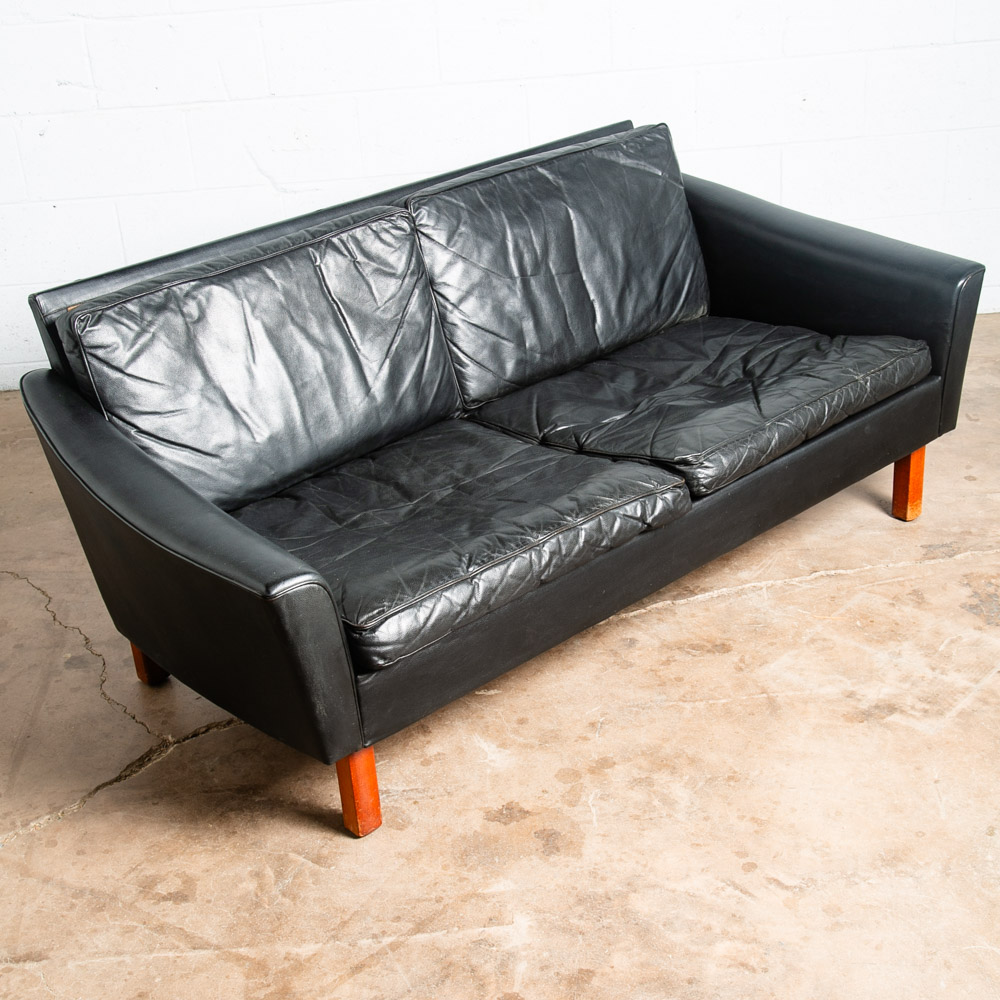Mid Century Danish Modern Sofa Couch 2 Seat Leather Black Settee Denmark Vintage - Image 5