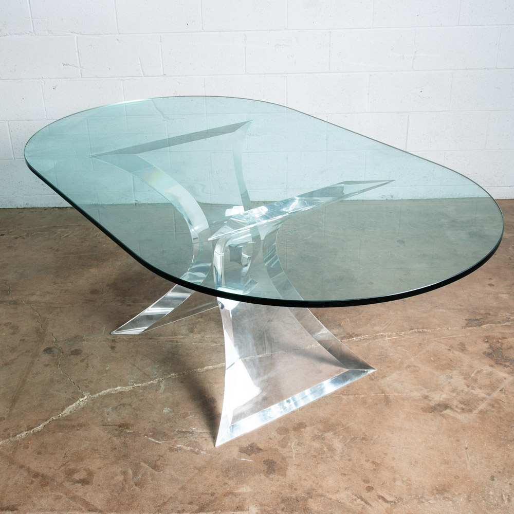 Mid Century Modern Dining Table Oval Lucite Lion In Frost Chrome Vintage Signed - Image 2