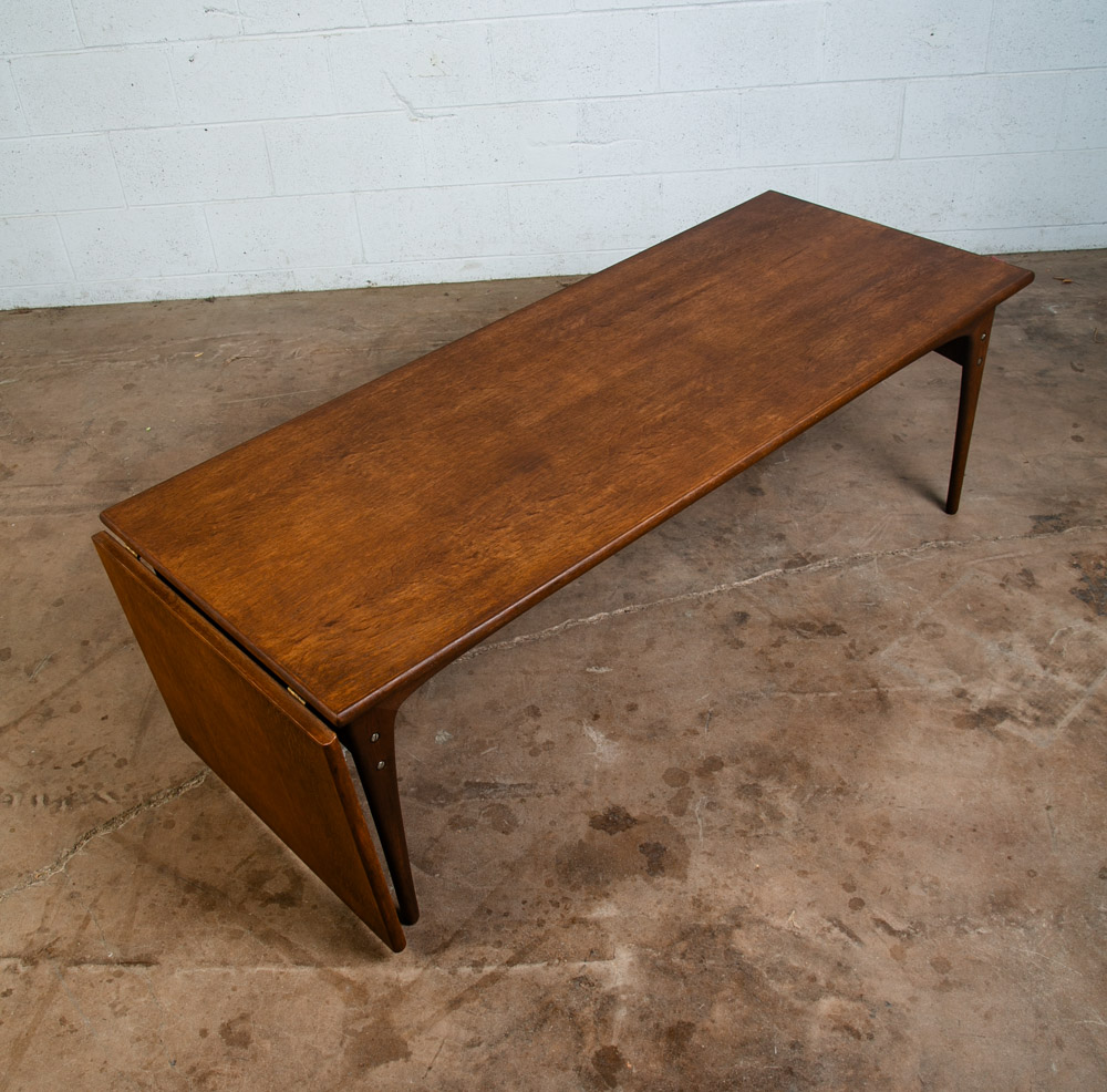 Mid Century Danish Modern Coffee Table Surfboard Oak Drop Leaf Denmark Sliding L - Image 10