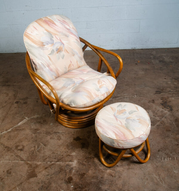 Mid Century Modern Lounge Chair Ottoman Bamboo Boho Swivel Rattan Basket Stool - Image 4