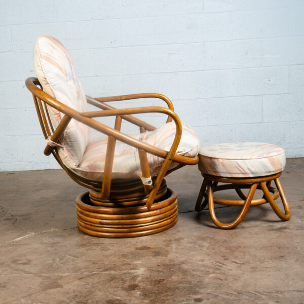 Mid Century Modern Lounge Chair Ottoman Bamboo Boho Swivel Rattan Basket Stool - Image 2