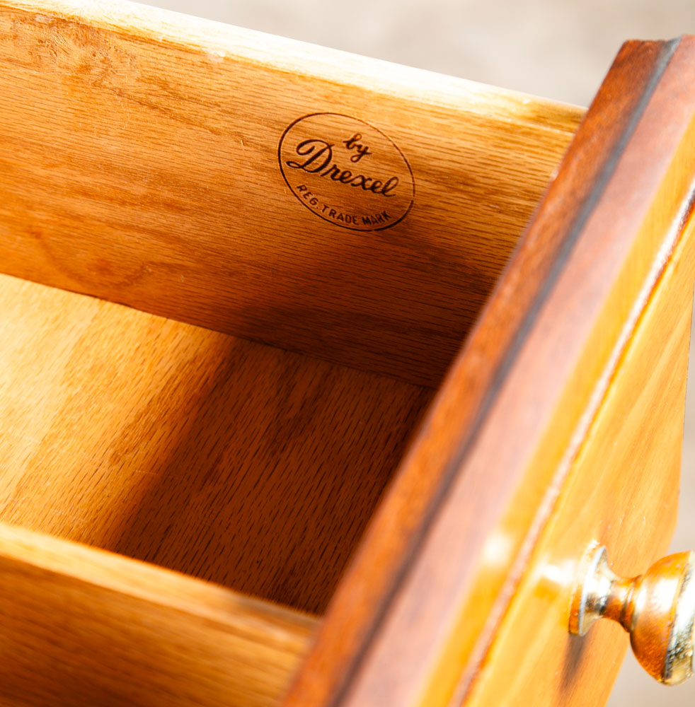 Mid Century Modern Dresser Highboy 5 Drawer Drexel Pinnacle Vintage Walnut Gold - Image 6