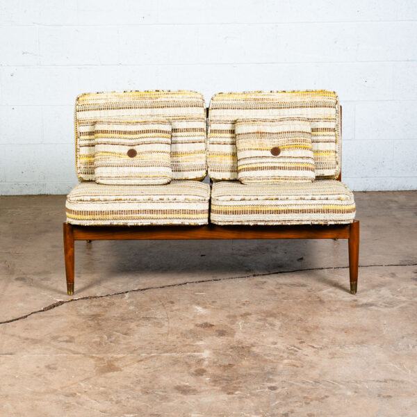 Mid Century Danish Modern Settee Dark Wood Spindle Armless 2 Seater Tweed Fabric - Image 3
