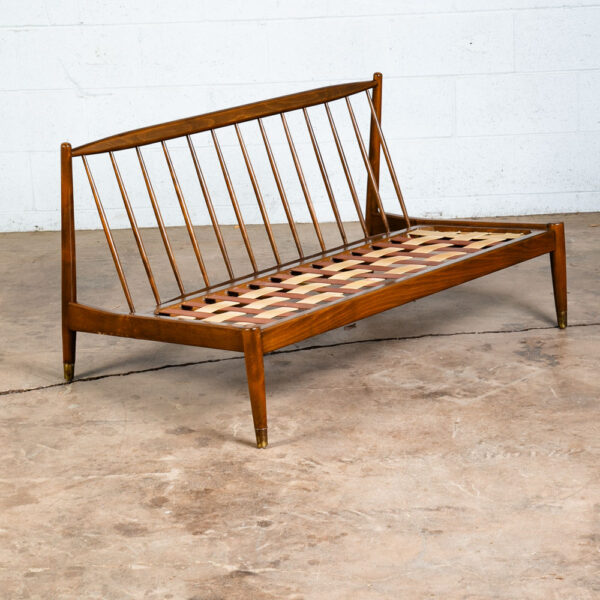 Mid Century Danish Modern Settee Dark Wood Spindle Armless 2 Seater Tweed Fabric - Image 2