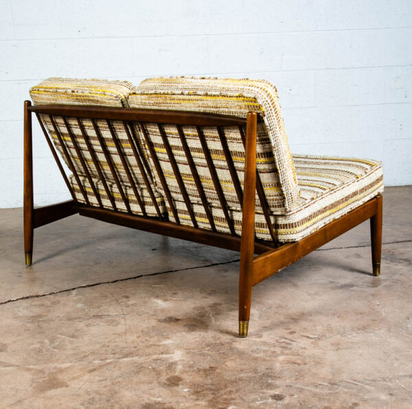 Mid Century Danish Modern Settee Dark Wood Spindle Armless 2 Seater Tweed Fabric - Image 5