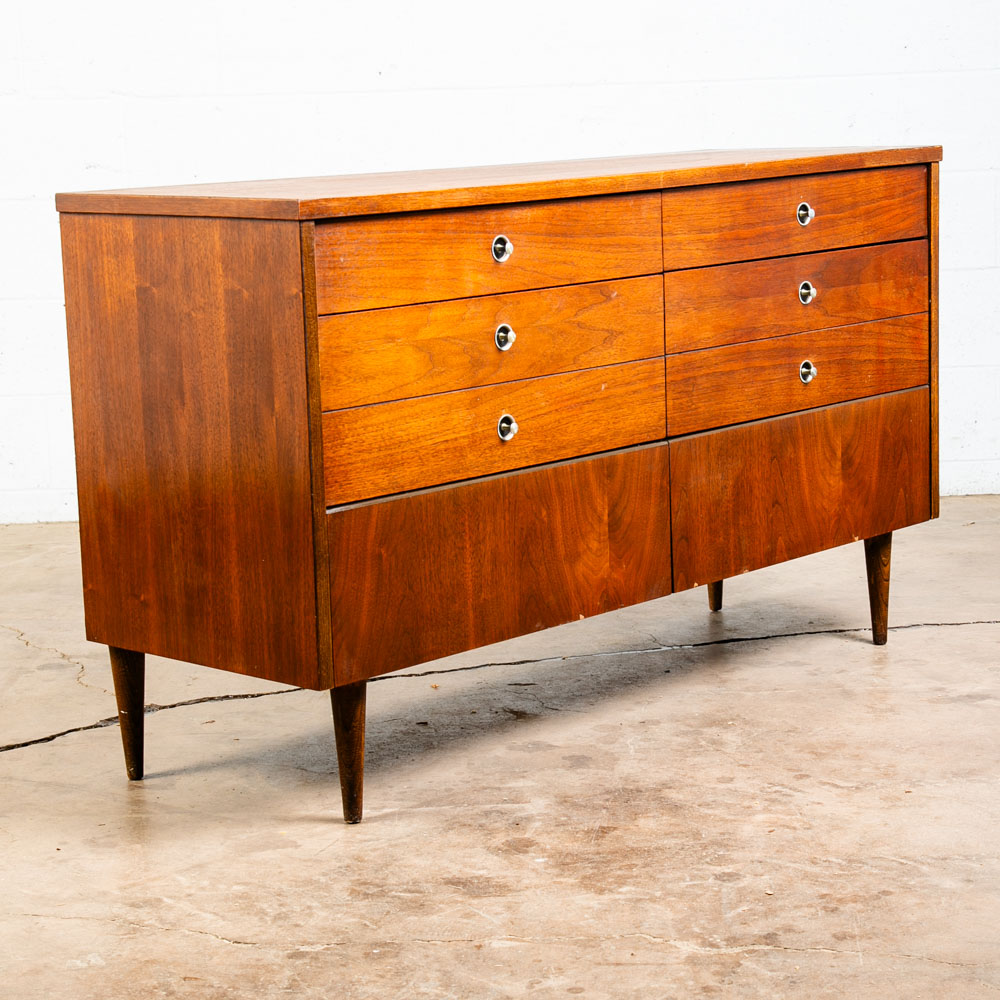 Mid Century Danish Modern Dresser Credenza Bassett Walnut 6 Drawer Danish Mcm