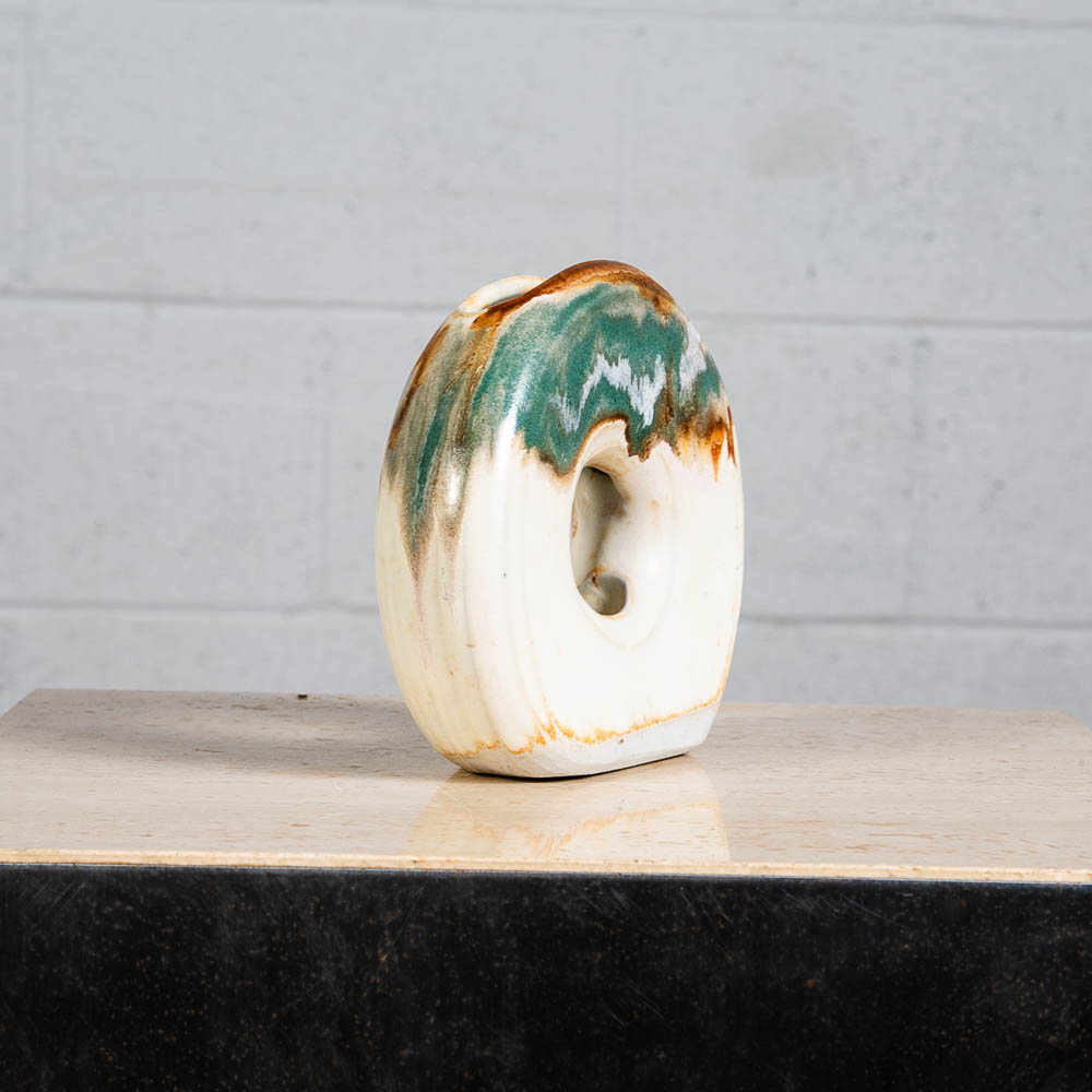 Mid Century Modern Floral Vase Small Pottery Ceramic Brown White Teal Signed Mcm - Image 3