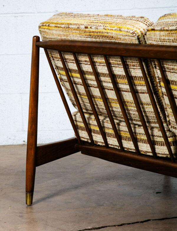 Mid Century Danish Modern Settee Dark Wood Spindle Armless 2 Seater Tweed Fabric - Image 8