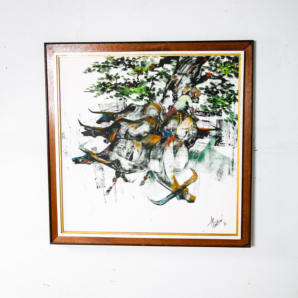 Mid Century Modern Wall Original Oil Painting Art Bull Running Framed Abstract