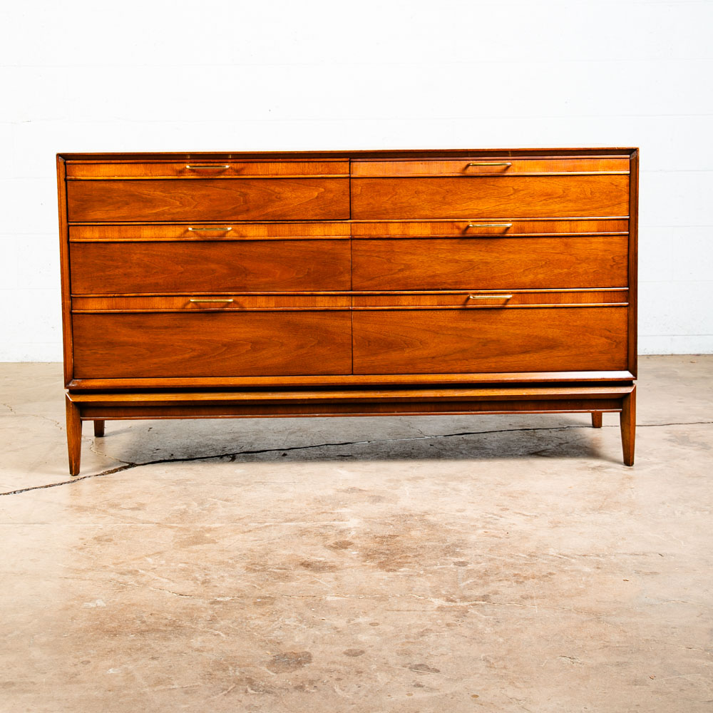 Mid Century Modern Dresser Credenza 6 Drawer Drexel Pinnacle Vintage Walnut Gold - Image 2