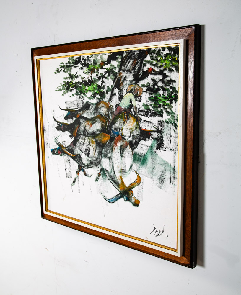 Mid Century Modern Wall Original Oil Painting Art Bull Running Framed Abstract - Image 2