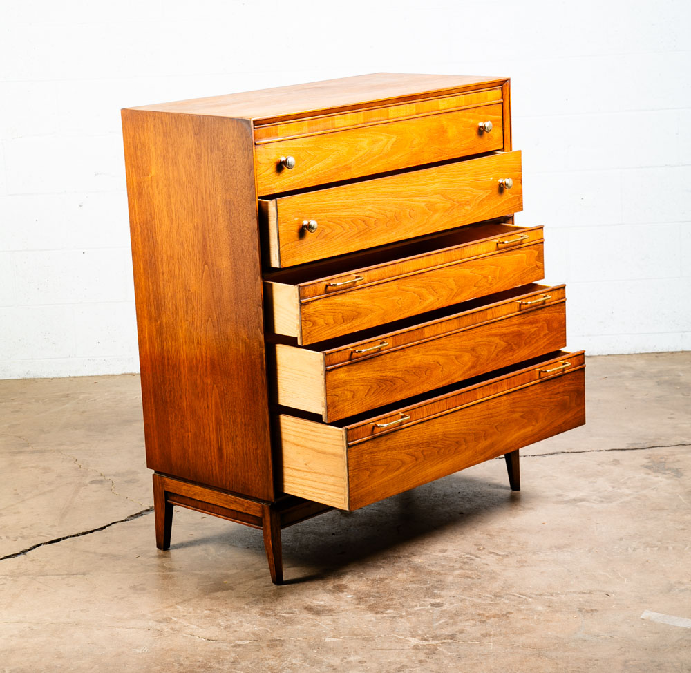 Mid Century Modern Dresser Highboy 5 Drawer Drexel Pinnacle Vintage Walnut Gold - Image 5